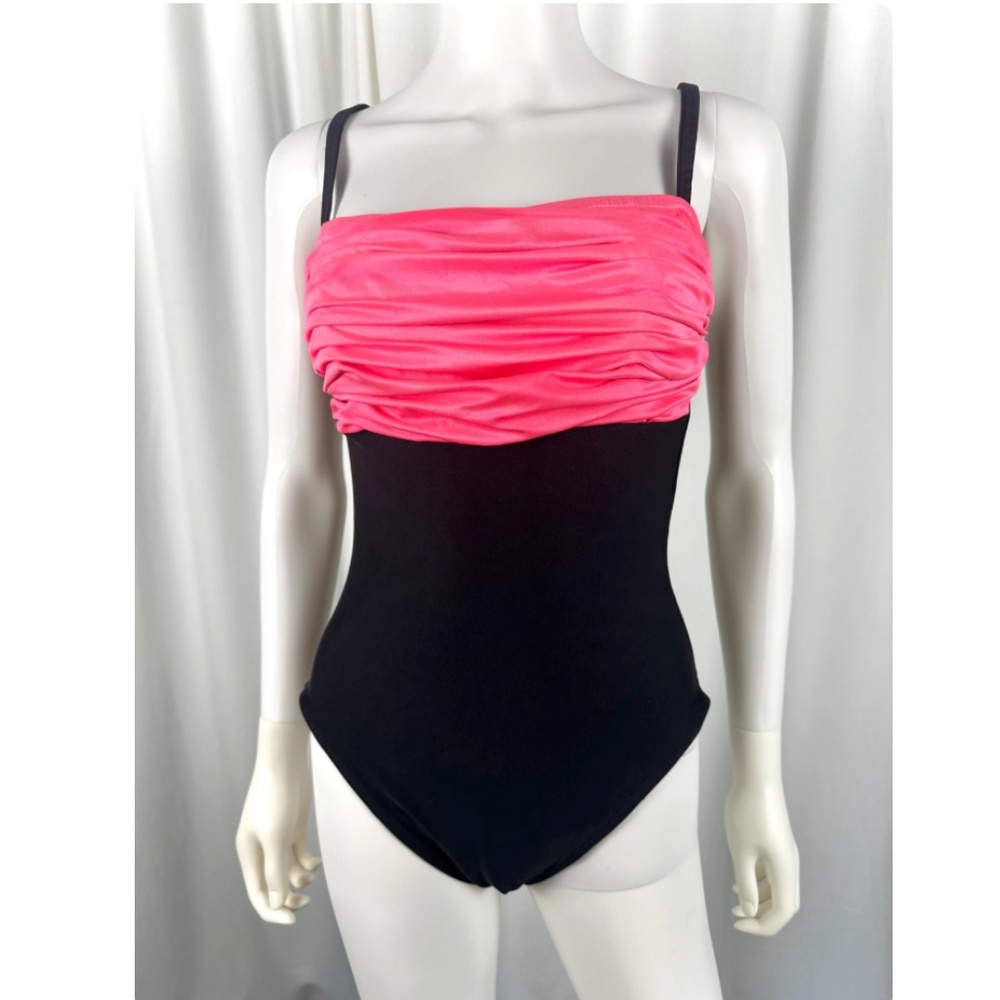 Vintage 1980’s ‘La Blanca’ Hot Pink + Black Rushed One Piece Bathing Suit • L/XL - Picture 3 of 10